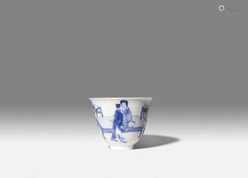 A CHINESE BLUE AND WHITE EROTIC SUBJECT WINE CUP