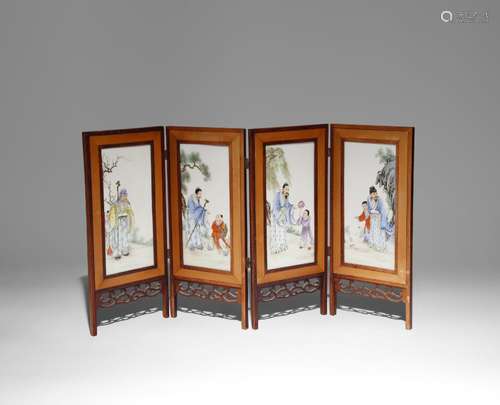 A CHINESE FAMILLE ROSE MINIATURE FOUR PANEL SCREEN