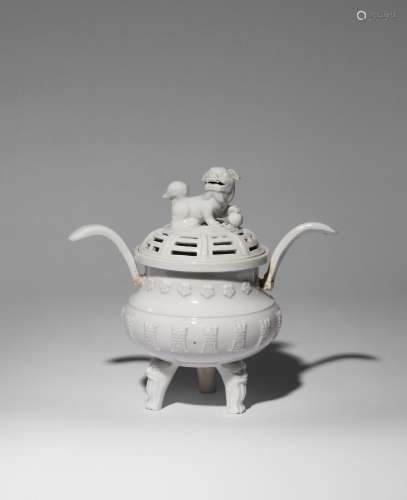 A CHINESE BLANC DE CHINE TRIPOD INCENSE BURNER AND COVER