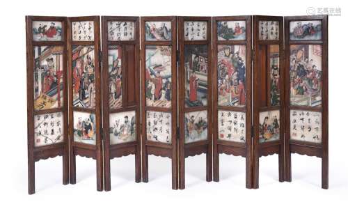 A Chinese painted marble eight-fold screen