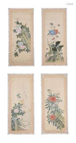 A set of four Chinese paintings on silk