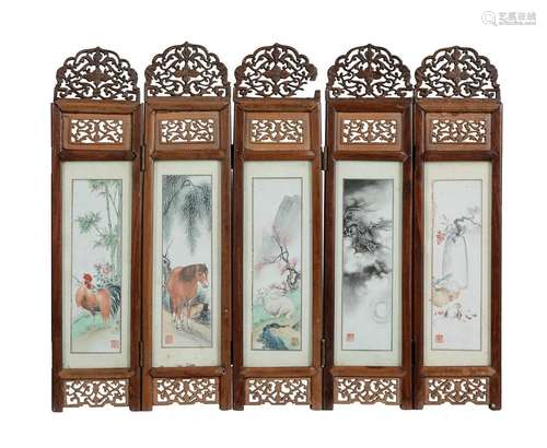 A small Chinese six-panel table screen by Zhu Qing Qi (20th ...