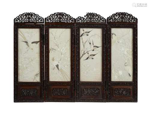 A Chinese canton embroidered small four-panel table screen