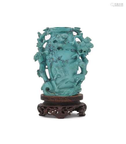 A carved turquoise stone three friends of winter vase