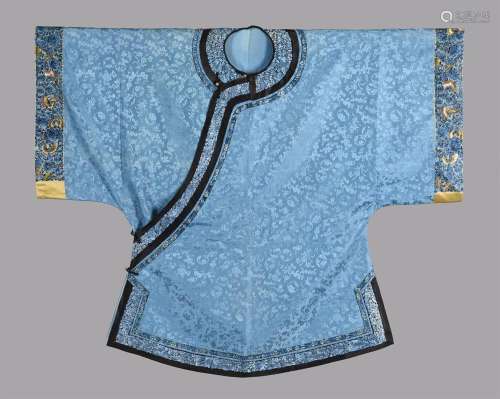 A Chinese mid-blue silk damask Ladys side fastening robe
