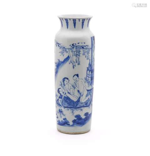 A large blue and white Erotic scene vase