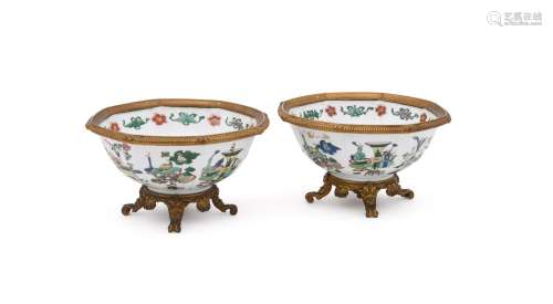 A pair of Chinese famille verte octagonal bowls