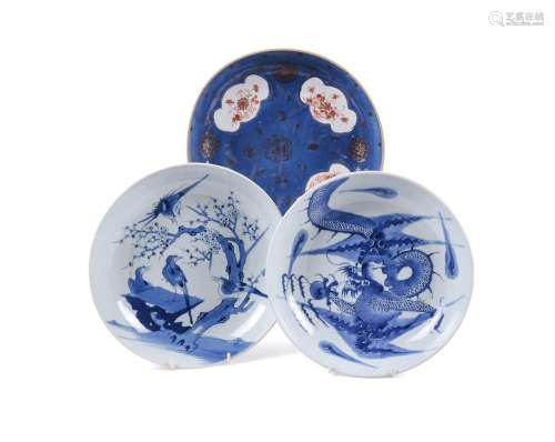 A Chinese blue and white Magpies and prunus dish