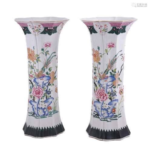 A large pair of Famille Rose beaker vases