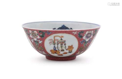A Chinese famille rose ruby-ground scraffiato bowl