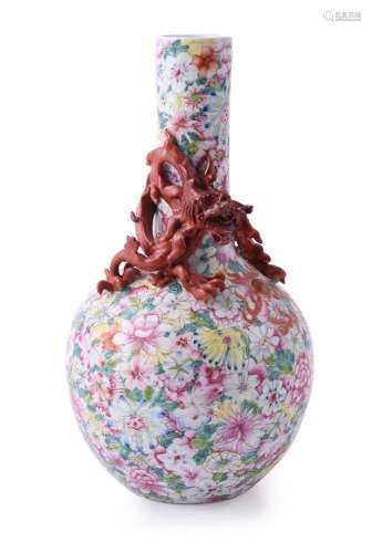 A Chinese Famille Rose millefleur Dragon vase