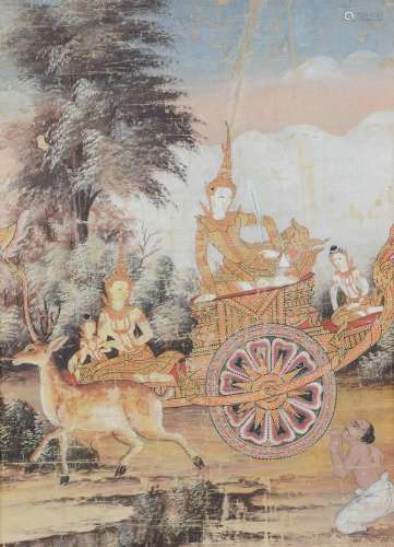 A Thai painting of Rama riding on top of a chariot holding a...