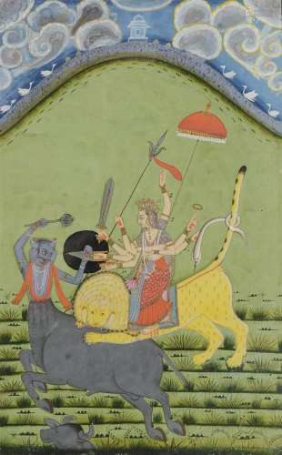 A Marwar painting depicting Durga Slaying the Buffalo Demon ...