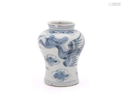 A Korean small blue and white pheonix amongst clouds jar