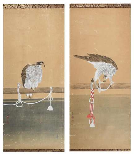 Two Japanese scrolls depicting falcons