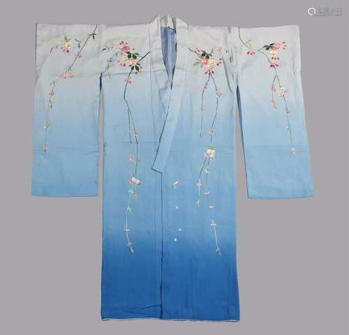 A shaded blue silk crepe Japanese womens Kimono