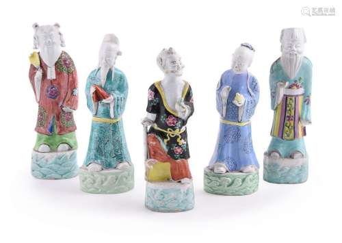 A group of five Chinese famille rose standing immortals