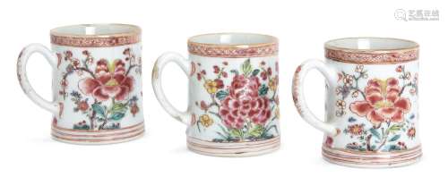 Three Chinese export porcelain famille rose 'peony' mugs
