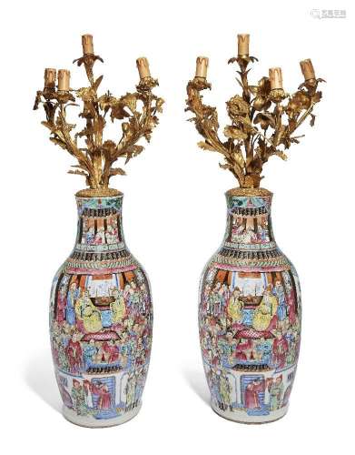A pair of Chinese Canton porcelain famille rose vases with g...