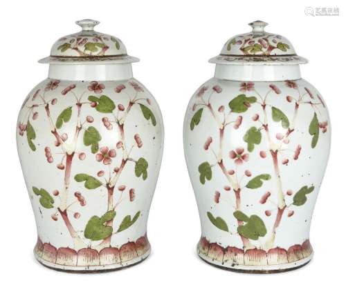 A pair of Chinese porcelain famille rose 'blossom' jars and ...