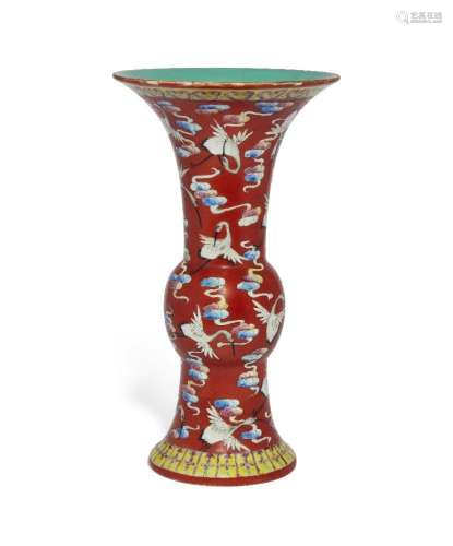 A Chinese porcelain famille rose coral-ground 'cranes' vase