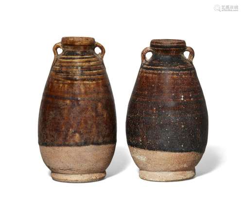 A pair of Thai Sawankhalok pottery brown-glazed small jars