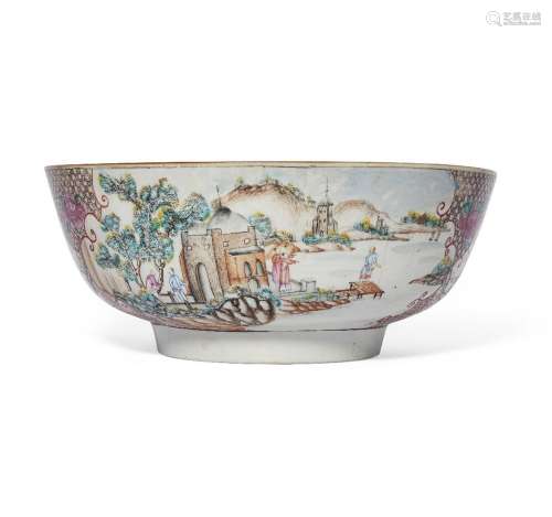A Chinese Canton export porcelain famille rose punch bowl