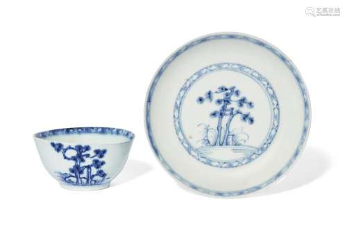 A Chinese porcelain blue and white teabowl and saucer