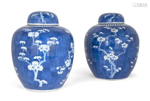 A pair of large Chinese porcelain blue and white jars and co...