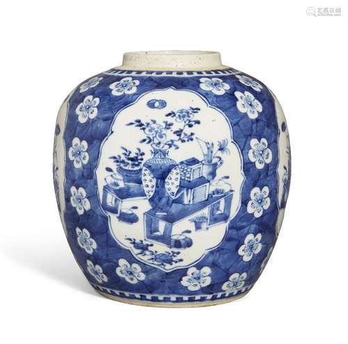 A Chinese porcelain blue and white 'scholar's objects' jar