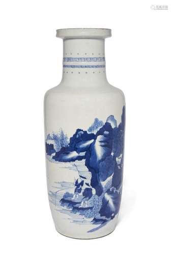 A Chinese porcelain blue and white 'fishermen' rouleau vase