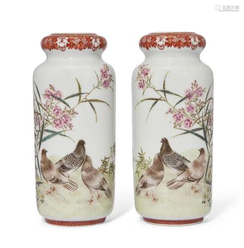 A pair of Chinese porcelain famille rose cylindrical 'birds ...