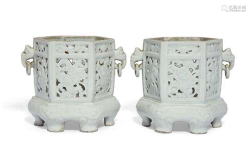 A pair of Chinese porcelain monochrome white-glazed censers