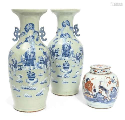 A pair of Chinese porcelain blue and white celadon-ground va...