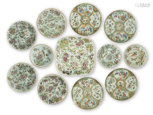 Twelve Chinese porcelain celadon ground famille rose plates