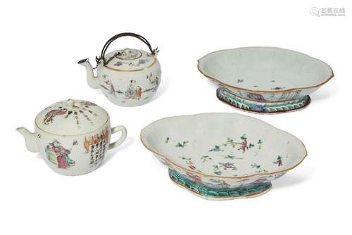 Two Chinese porcelain famille rose teapots and two footed di...