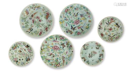 Six Chinese export porcelain famille rose celadon dishes