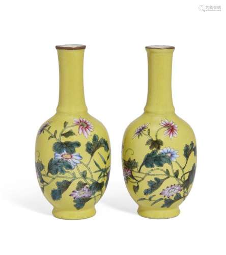 A pair of Chinese porcelain famille rose yellow-ground 'cica...