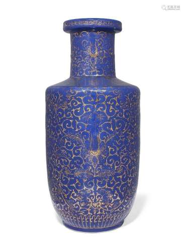 A Chinese porcelain gilt-decorated blue-ground rouleau vase