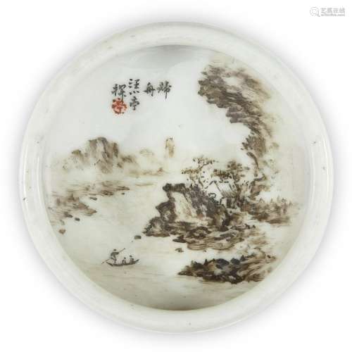 A Chinese porcelain en grisaille circular brushwasher bearin...