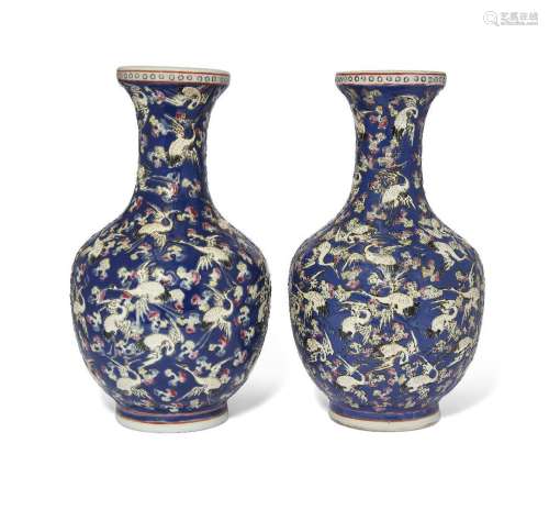 A pair of Chinese porcelain famille rose blue-ground 'cranes...