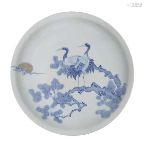 A Chinese porcelain underglaze copper-red and blue 'cranes' ...