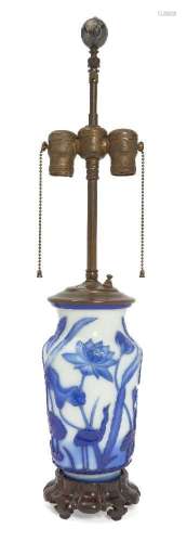 A Chinese Peking blue-overlay glass 'lotus and cranes' vase
