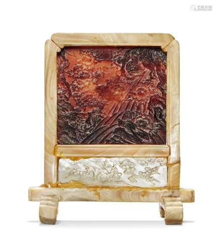 A small Chinese hardstone 'Buddhist lion' table screen