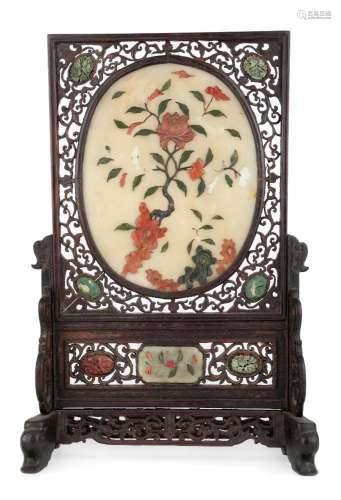 A Chinese hardstone and coral-set wood table screen