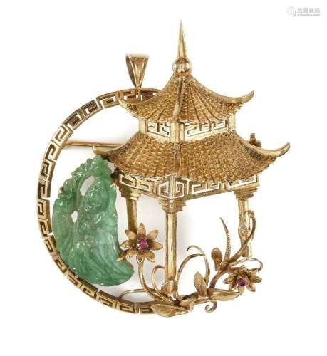A Chinese 18ct gold and jadeite brooch