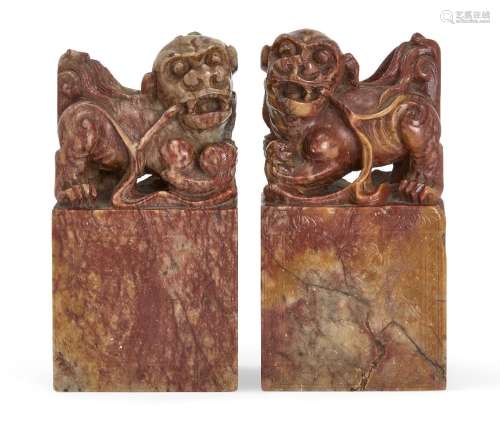 A pair of Chinese soapstone 'Buddhist lion' bookends