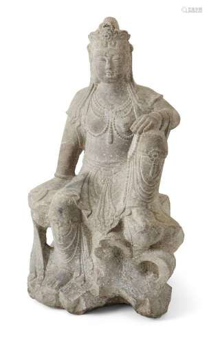 A large Chinese Tang-style carved stone figure of Guanyin