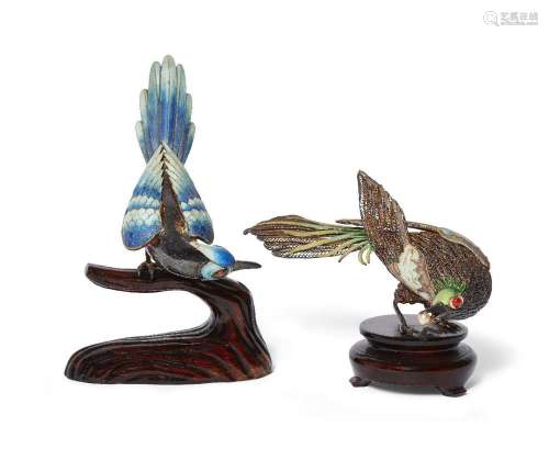 Two Chinese export silver gilt and enamel birds