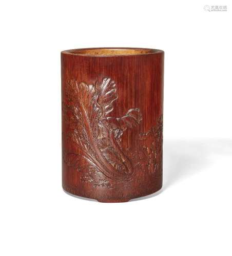 A Chinese carved bamboo brush pot